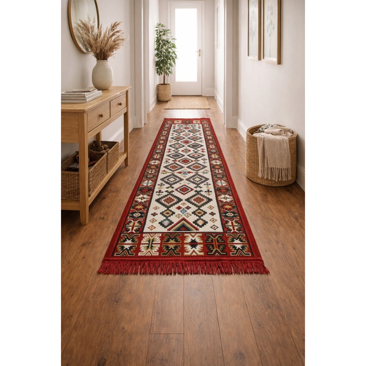 Covor traditional, cu doua fete, dimensiunea 80x200cm, rosu-bej