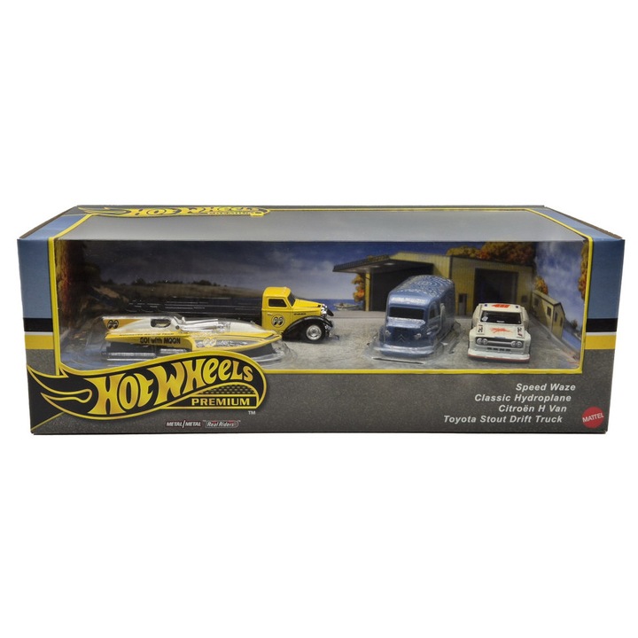 Hot Wheels Premium - 4 darabos szett - Speed Waze - Classic Hydroplane - Citroen H Van - Toyota Stout Drift Truck - Hot Wheels dioráma - 1:64