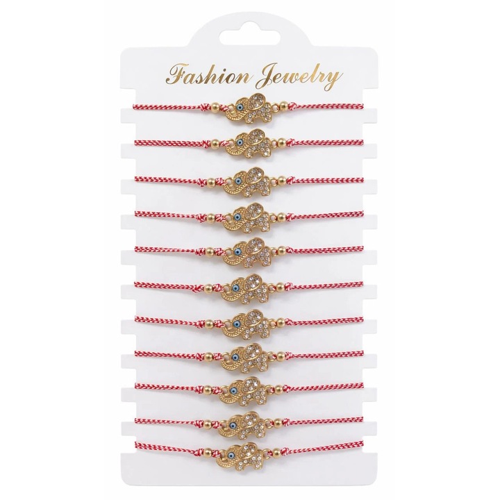 Set 12 Bratari Martisor cu Elefantel Auriu, Strasuri si Ochi Protector, Snur Rosu, 20x11 cm