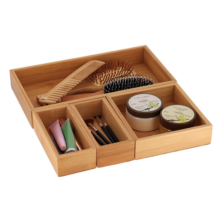 Organizator Sertar, TENDANCE, Bao, 4 Piese Din Bambus Natural, Compartimentare Modulara, Rezistent La Umiditate, Ideal Pentru Baie, Bucatarie Sau Birou, Design Eko Minimalist