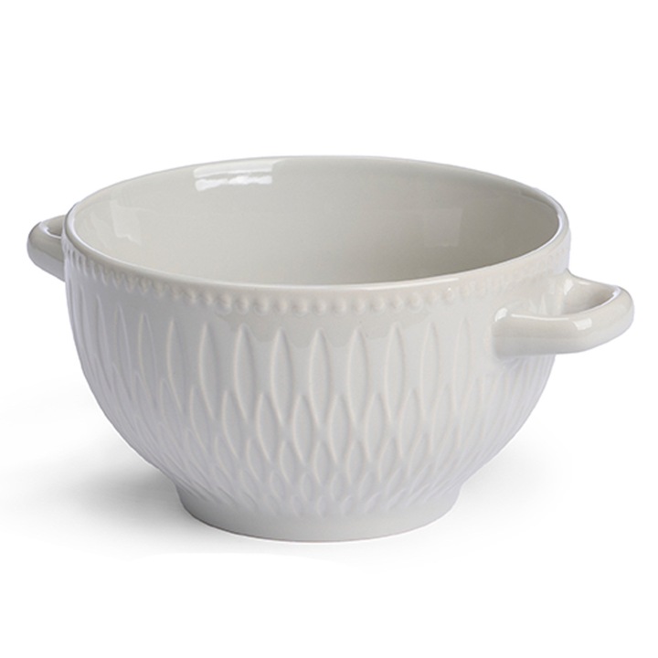 Bol Supa Cu Manere, VESSIA, 650 ml, Ceramica De Inalta Calitate, Design Elegant Cu Model Reliefat, Rezistent La Temperaturi Ridicate, Ideal Pentru Supe Creme Sau Gulas, Stil Clasat Si Functional, Gri