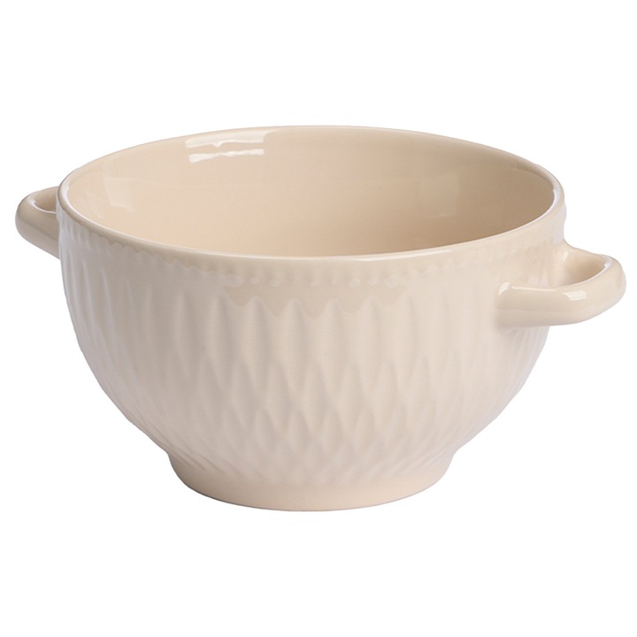Bol Supa Cu Manere, VESSIA, 650 ml, Ceramica De Inalta Calitate, Design Elegant Cu Model Reliefat, Rezistent La Temperaturi Ridicate, Ideal Pentru Supe Creme Sau Gulas, Stil Clasat Si Functional, Bej