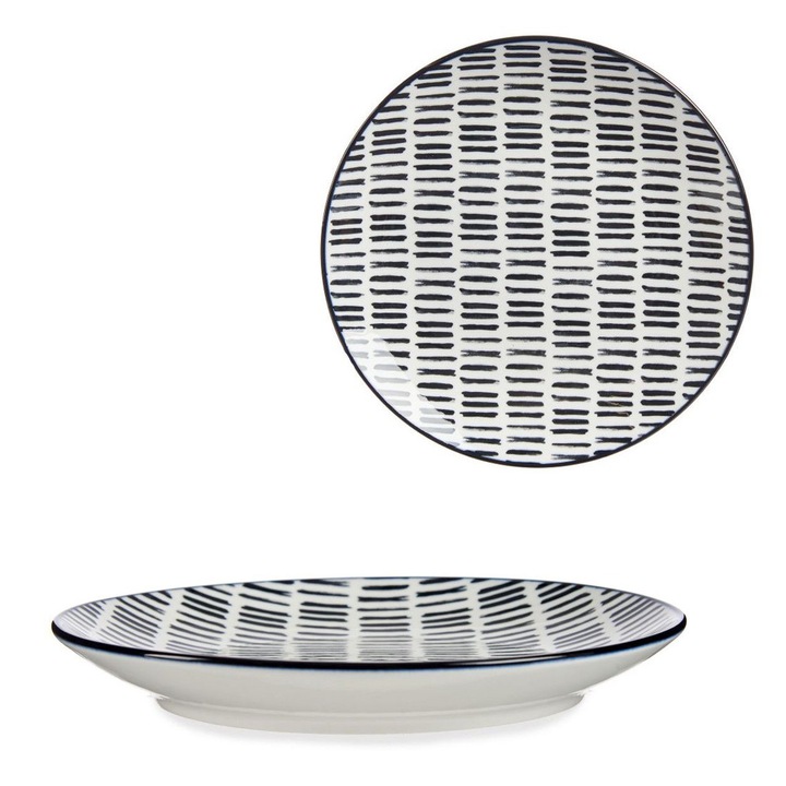 Desszert tányér, VESSIA, Lineas, 20 cm, Minőségi porcelánból, Modern design fekete-fehér vízszintes vonalakkal, Ideális desszertekhez és rágcsálnivalókhoz, Karcálló fényes felület, Minimalista stílus, Fehér/Fekete