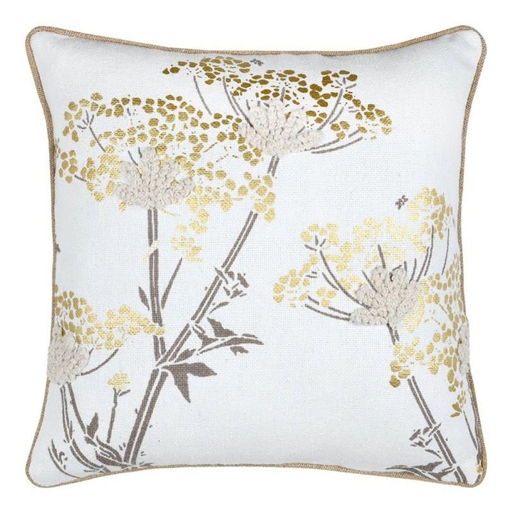 Perna Decorativa, Stof, Model Oriana, Motiv Floral Cu Accente Aurii Elegante, Stil Clasic Si Luxos, Material De Inalta Calitate Din Bumbac Si Poliester, Ofera Confort Si Rafinament, 40x40cm, Alb Si Auriu