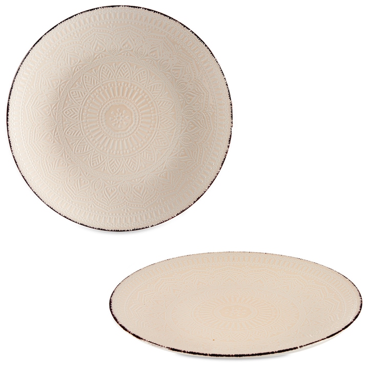 Lapos tányér, VESSIA, Mandala, 27 cm, Ellenálló kőedényből, Elegáns, dombornyomott mintás design keleti motívumokkal, Mikrohullámú sütőben és mosogatógépben is használható, Modern és rusztikus stílus, Bézs