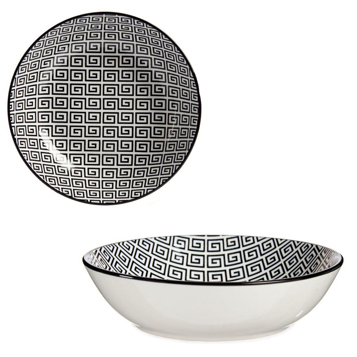 Mélytányér, VESSIA, Geometrico, 20.5 cm, Prémium Porcelánból, Modern Design Fekete-Fehér Geometriai Mintával, Ideális Levesekhez és Tésztákhoz, Karcolásálló, Elegáns és Minimalista Stílus, Fehér/Fekete