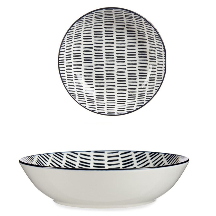 Mélytányér, VESSIA, Lineas, 20 cm, Minőségi Porcelánból, Modern Fehér-Fekete Csíkos Design, Ideális Levesekhez és Tésztákhoz, Karcolásálló Fényes Felület, Minimalista Stílus, Fehér/Fekete