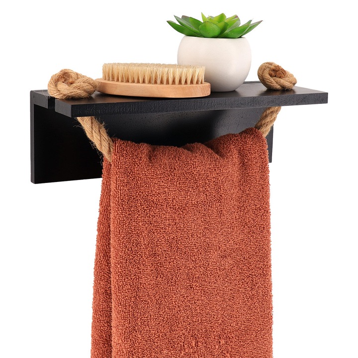 Suport Prosoape, TENDANCE, Sailor, Din Lemn De Salcam Si Franghie, Etajera Superioara, Montare Fara Gaurire Cu Autoadeziv, Design Boho Si Industrial, Rezistent, Contrast Modern, Accesoriu Baie, Negru