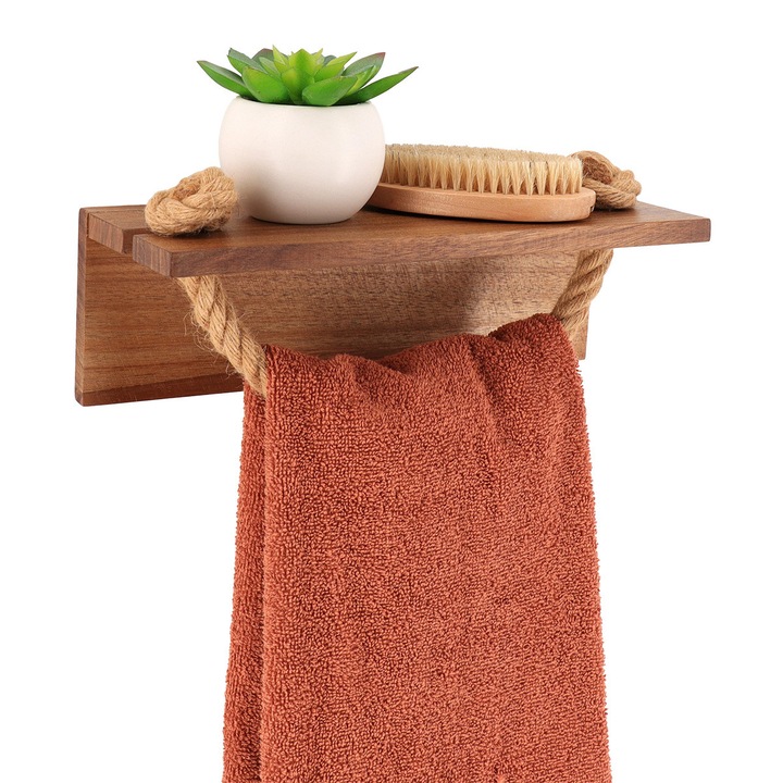 Suport Prosoape, TENDANCE, Sailor, Din Lemn De Salcam Si Franghie, Etajera Superioara, Montare Fara Gaurire Cu Autoadeziv, Design Boho Si Industrial, Rezistent, Contrast Modern, Accesoriu Baie, Maro