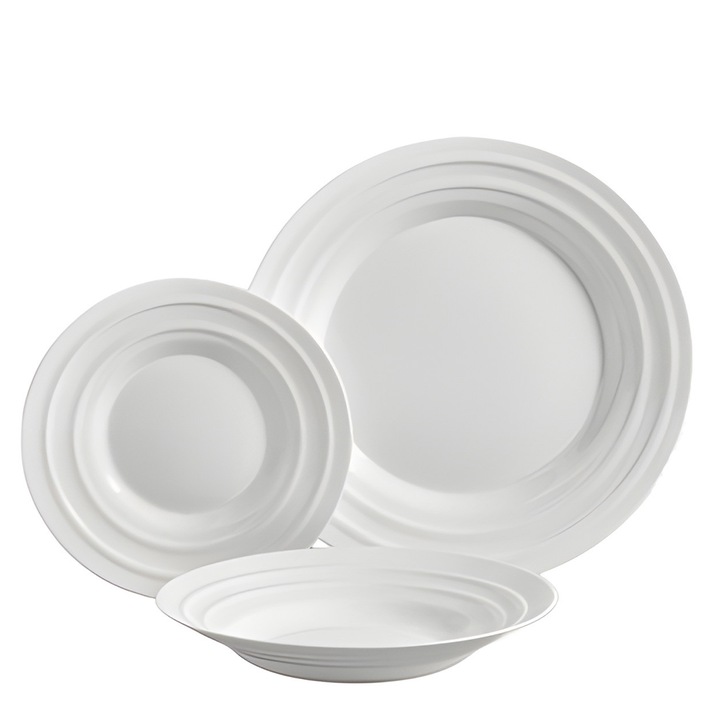 Set Masa, VIVALTO, Waves, 18 Piese, Pentru 6 Persoane, Din Opal Rezistent Si Usor, Include Farfurii Intinse, Adanci Si Desert, Compatibil Cu Microunde Si Masina De Spalat Vase, Design Modern Si Elegant, Alb