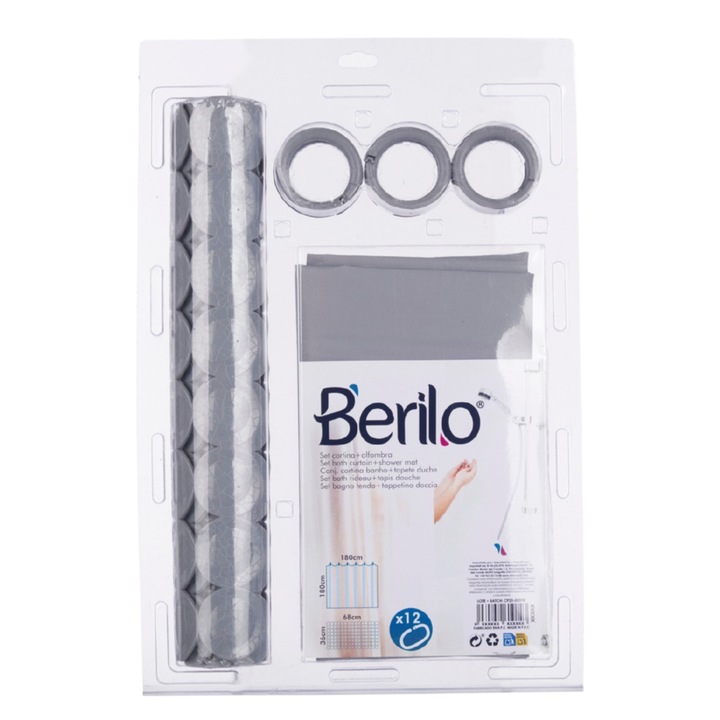 Set Accesorii Baie BERILO, Perdea Dus 180x180 cm Si Covoras Antiderapant 68x63 cm, Gri