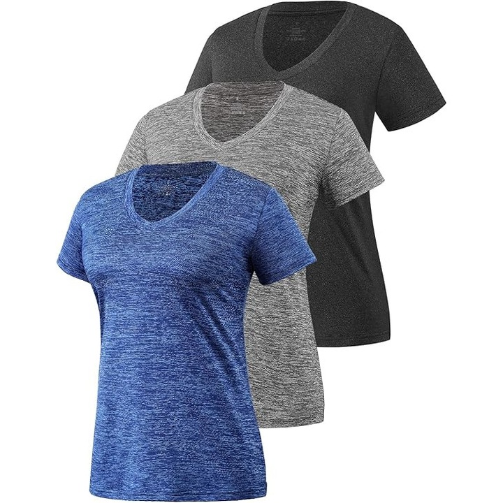 Set 3 tricouri sport femei, S, maneca scurta, decolteu in V, multicolor, material usor si elastic, S INTL