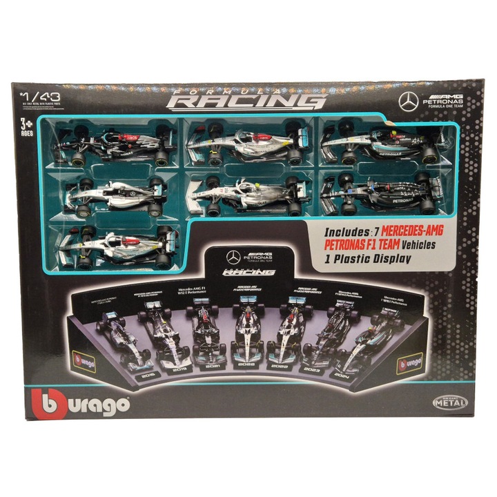 Mercedes F1 7 darabos szett - #6 Nico Rosberg (2016) - #77 Valtteri Bottas (2019) - #77 Valtteri Bottas (2021) - #44 Lewis Hamilton (2022) - #44 Lewis Hamilton (2022) - #63 George Russel (2023) - #44 Lewis Hamilton (2024) - Bburago - 1:43