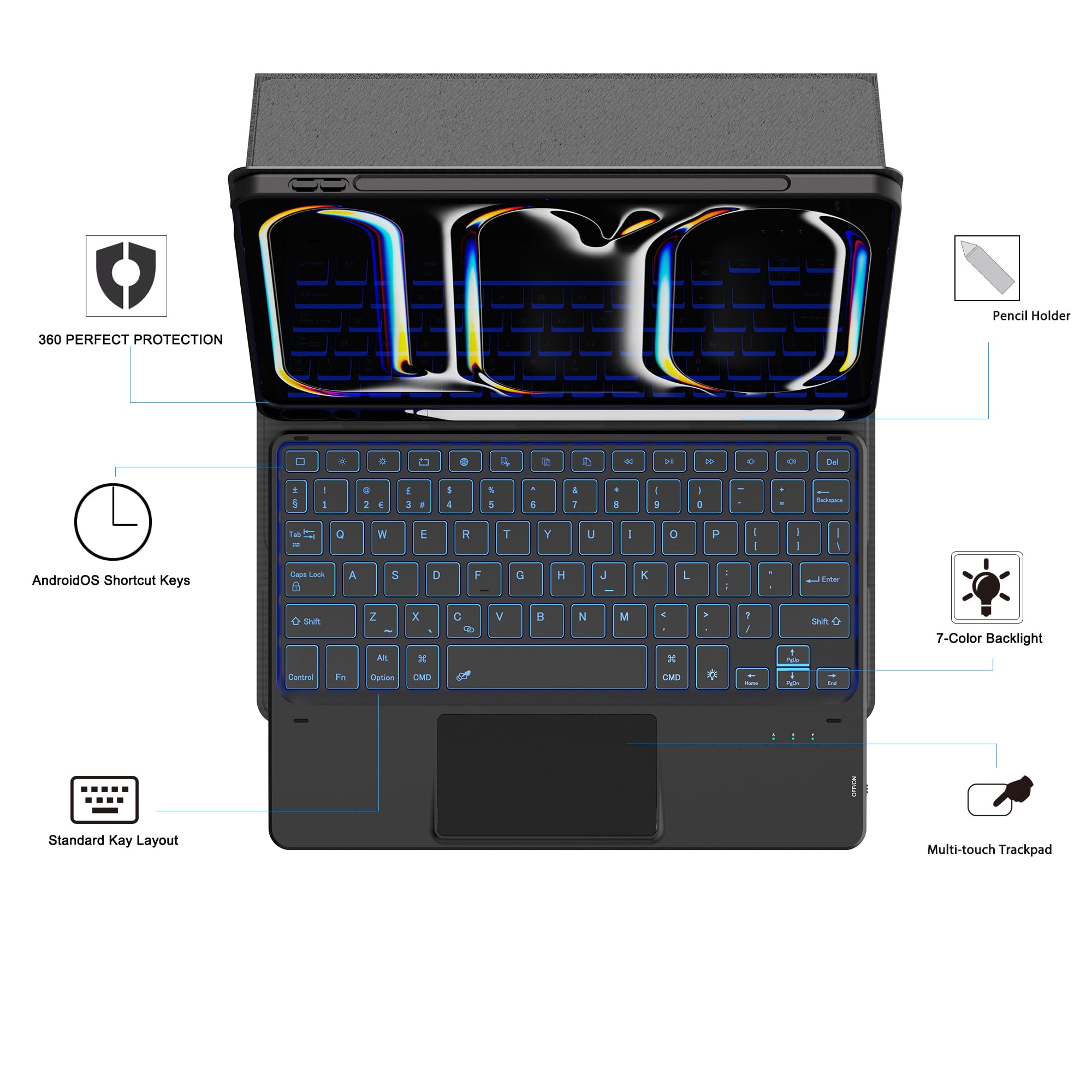Husa cu tastatura iluminata pentru iPad Pro 11 inch M4 2024, negru