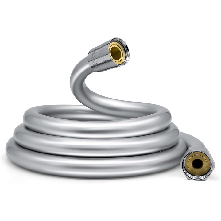 Furtun de dus flexibil, neted, anti-rasucire, ranforsat, 150 cm, argintiu