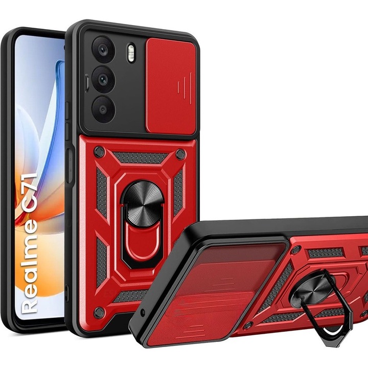 Etui pancerne XGSM pentru Realme C71, CamShield Slide, rosu, cu suport integrat si maner magnetic