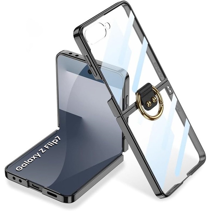Etui Ring Holder pentru Samsung Galaxy Z Flip7 5G, negru, ultra subtire, cu sticla de protectie inclusa