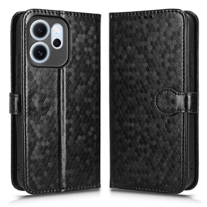 Husa telefon Oppo Reno 14 F / 14 FS, Wallet Rhombus, neagra, cu functie de suport, din piele ecologica