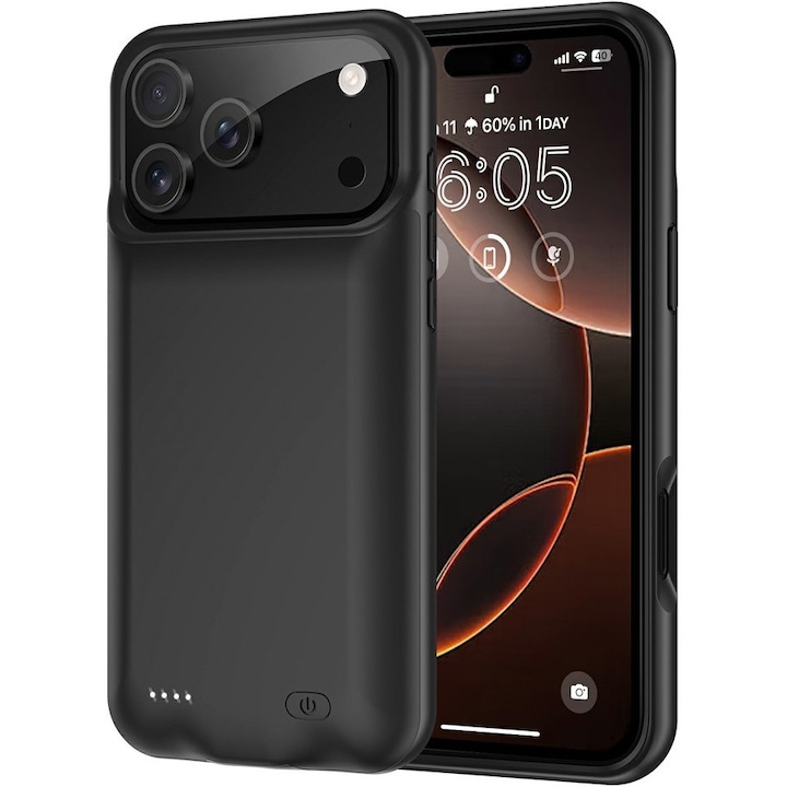 Husa telefon cu baterie 6000mAh, XGSM, protectie suplimentara, eleganta, neagra, pentru iPhone 17 Pro