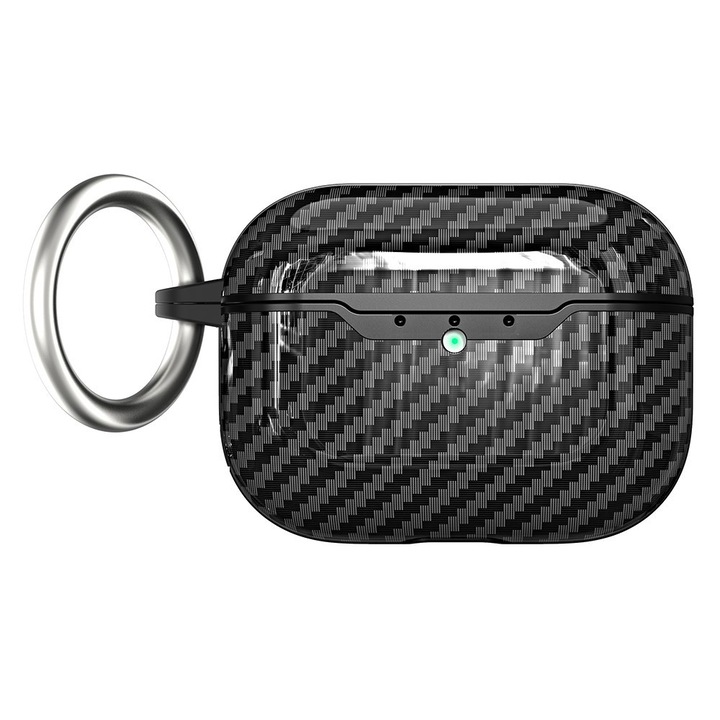 Husa pentru AirPods Pro 3 cu textura din fibra de carbon, cu carabina XGSM negru