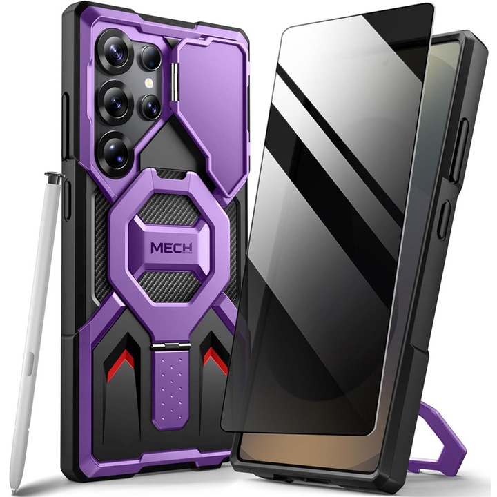 Etui pancerne pentru Samsung Galaxy S25 Ultra, TONGATE, fiolet, protectie 360, suport magnetic, folie de confidentialitate
