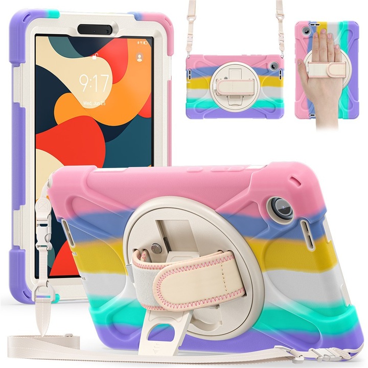 Husa tableta XGSM pentru Lenovo Tab One 8,7", panza cu suport 360° si curea, multicolor