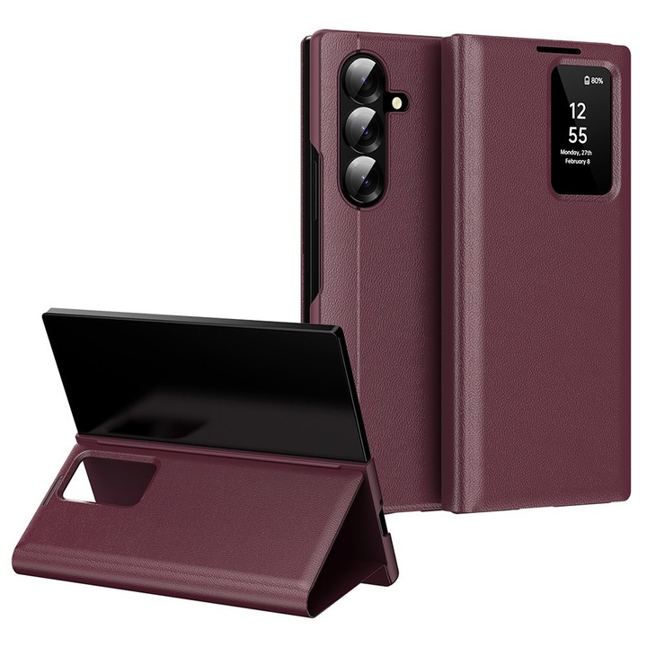Etui pentru Samsung Galaxy Z Fold7, Smart View Wallet, bordo, functie suport, compartiment pentru carduri
