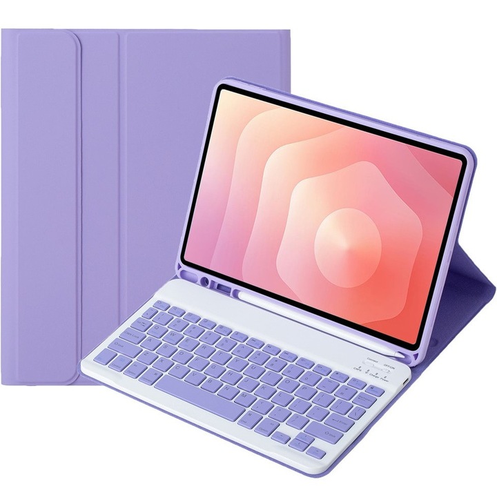 Etui cu tastatura pentru Samsung Galaxy Tab S11, 2 in 1, slot pentru stylus din piele, violet