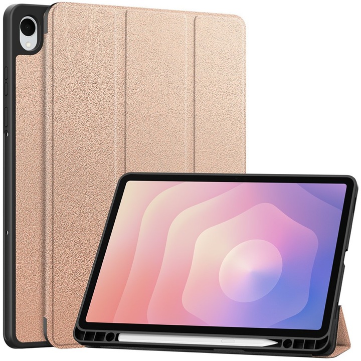 Husa tablete ERBORD pentru Samsung Galaxy Tab S11, tri-fold, cu suport pentru stylus, roz aurie