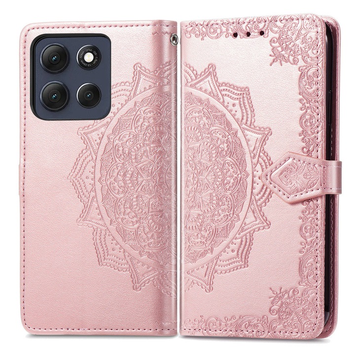 Etui portofel pentru Motorola Moto G86 5G, floral, roz, cu functie de suport si buzunare pentru carduri