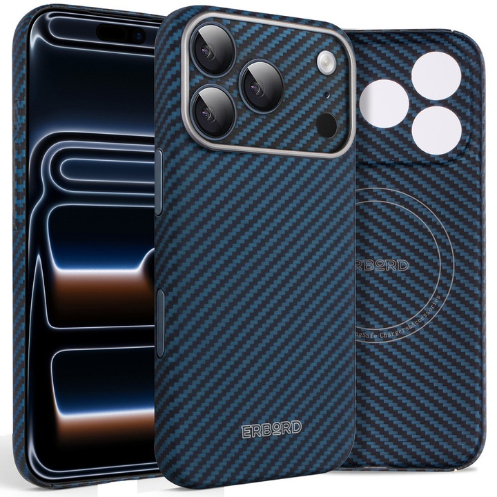 Etui pentru iPhone 17 Pro, ERBORD Full Kevlar, compatibil cu MagSafe, protectie ridicata, design subtire, albastru