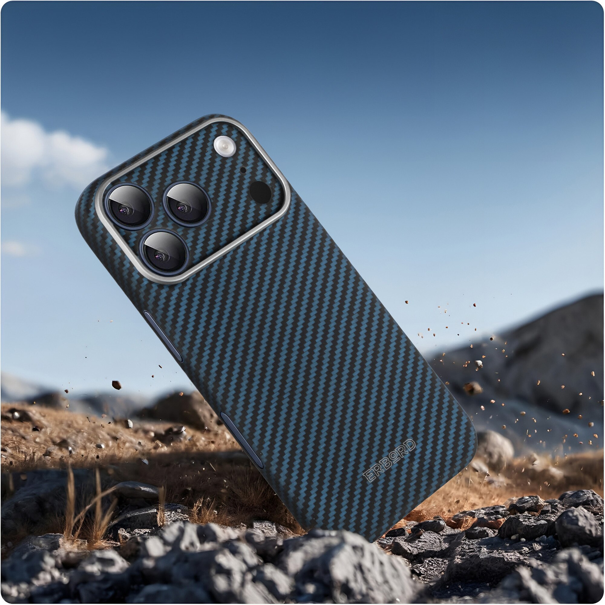 Etui pentru iPhone 17 Pro, ERBORD Full Kevlar, compatibil cu MagSafe, protectie ridicata, design subtire, albastru