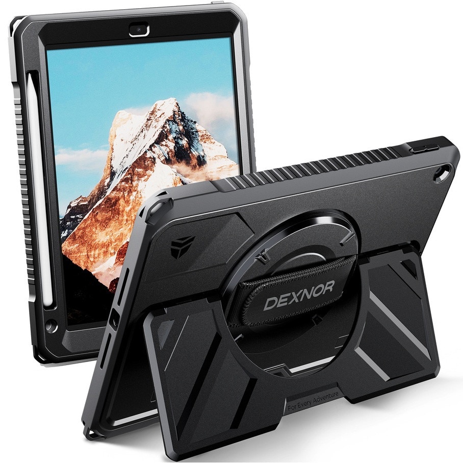Etui pentru iPad 10.2" 2021/2020/2019, cu suport pentru rysik, negru, Dexnor, 360° rotativ, rezistent la socuri
