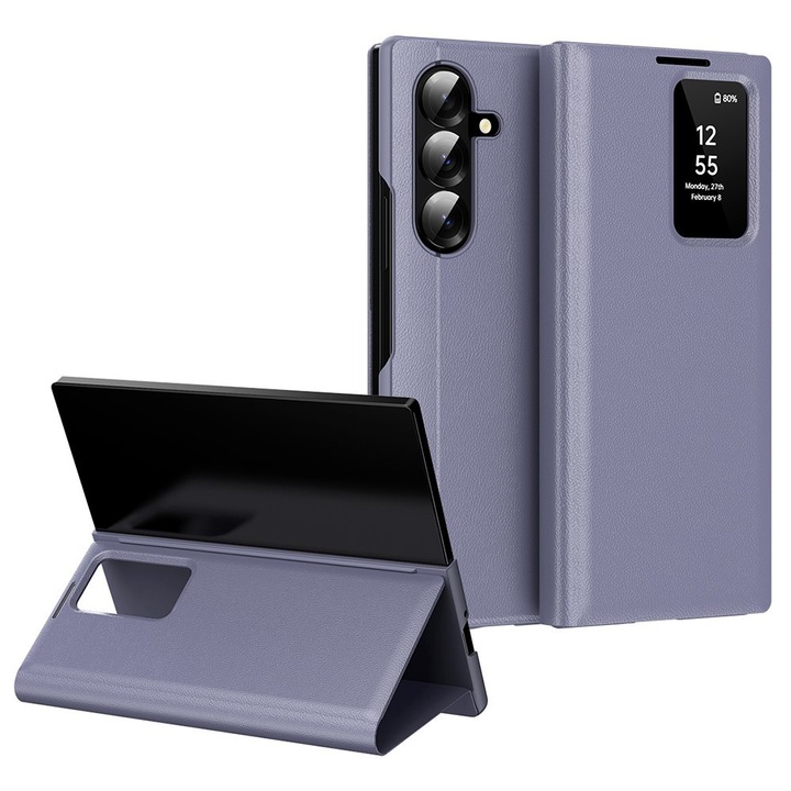 Husa telefon, XGSM, pentru Samsung Galaxy Z Fold7, Smart View Wallet, violet, cu suport si buzunar pentru carduri
