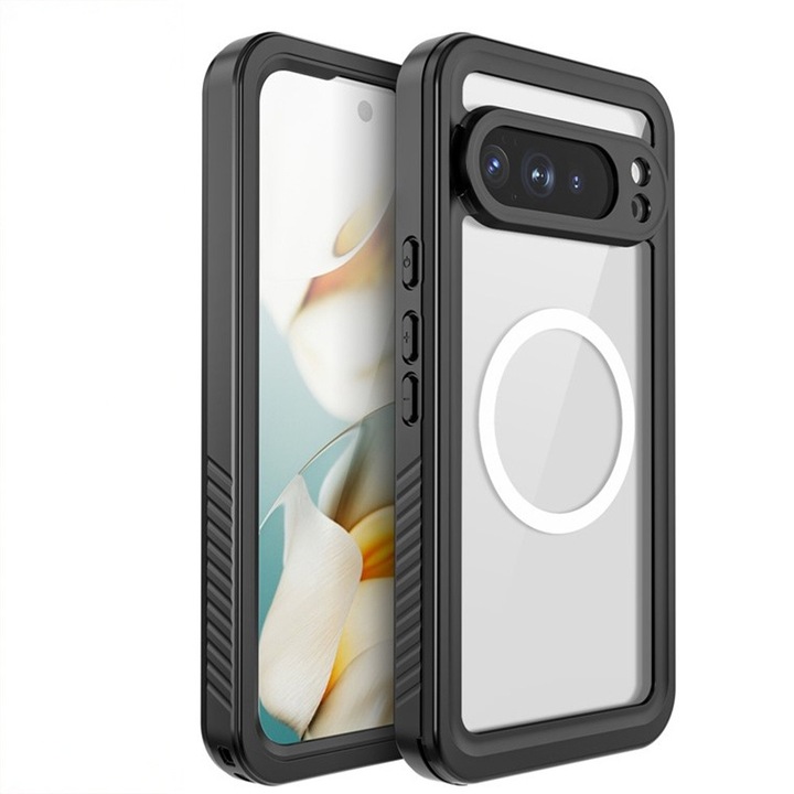 Etui Wodoodporne IP68 pentru Google Pixel 10 Pro XL, transparent cu rama neagra, compatibil cu MagSafe, protectie 360, 2m rezistenta la cadere