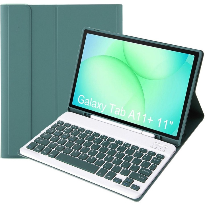 Etui cu tastatura pentru Samsung Galaxy Tab A11+, 2 in 1, verde, cu suport pentru stylus