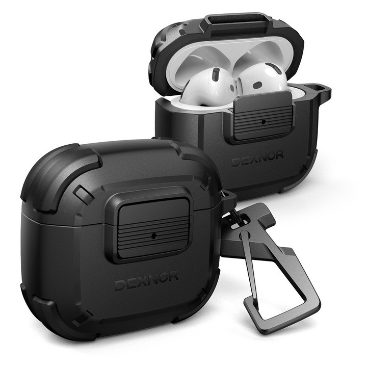 Etui pentru AirPods 4 (2024), Dexnor, protectie robusta, blocare Drop-Proof, negru, set cu carabina si inel pentru chei