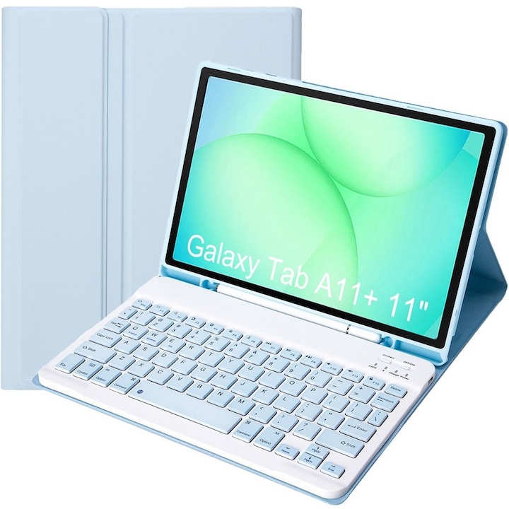 Etui cu tastatura pentru Samsung Galaxy Tab A11+, 2 in 1, albastru, slot pentru stylus, Bluetooth