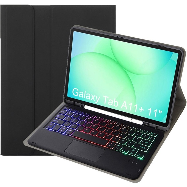 Калъф с Bluetooth осветена клавиатура и тъчпад за Samsung Galaxy Tab A11+ - черен, 2 в 1