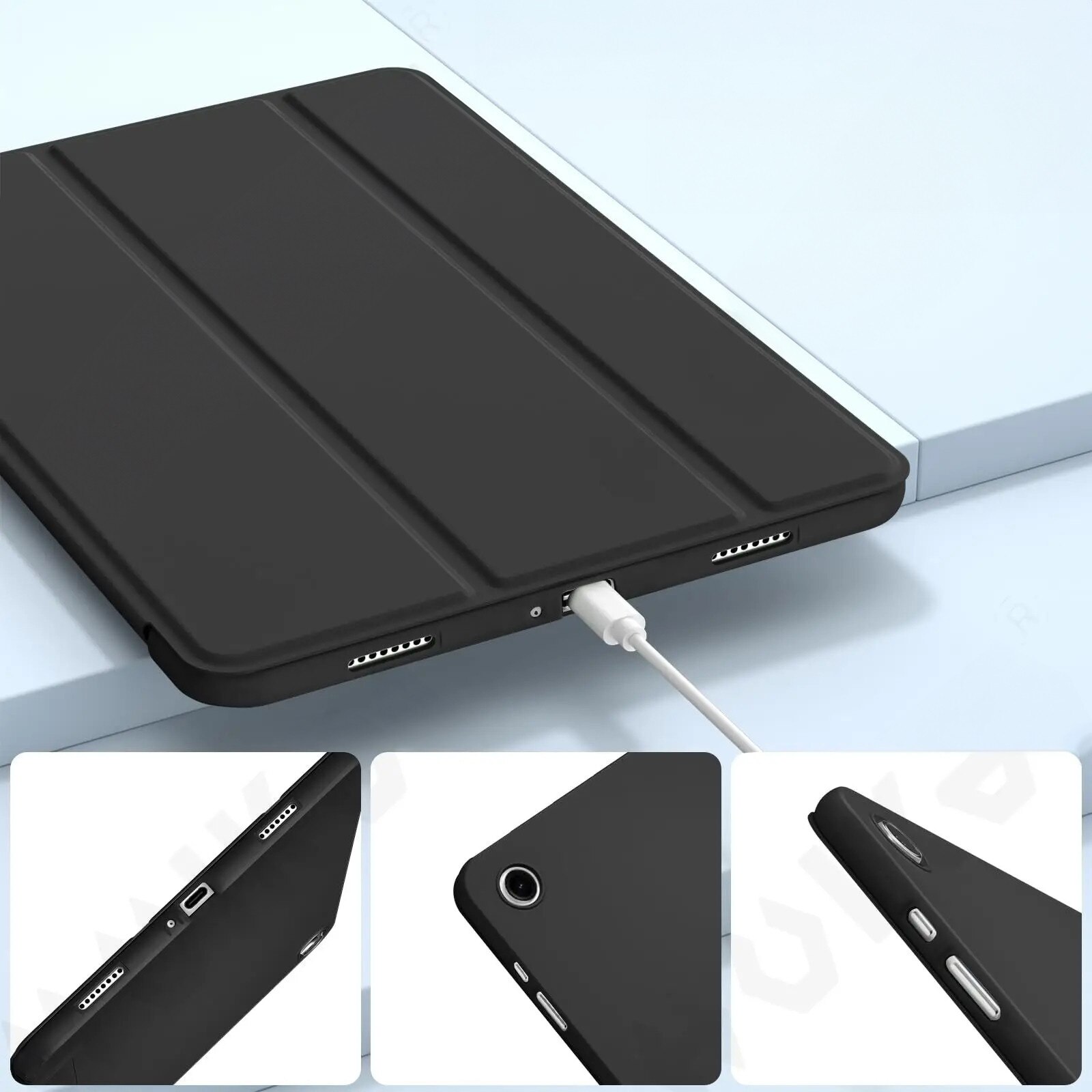 Etui Tri-fold pentru tableta Samsung Galaxy Tab A11+, negru, protectie 360, material PU si silicon