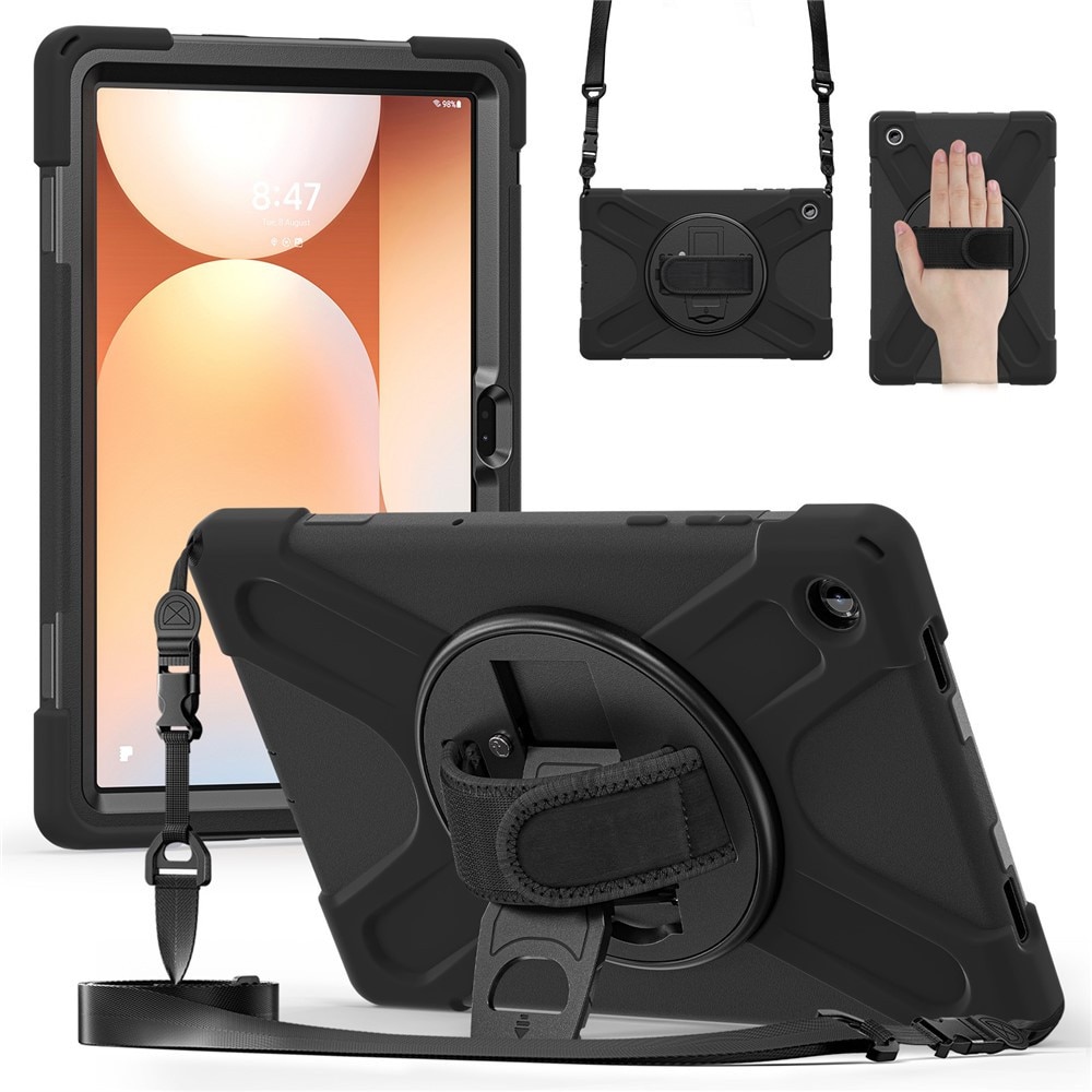 Husa tableta XGSM pentru Samsung Galaxy Tab A11+, pancerna, suport 360°, neagra, cu curea de umar