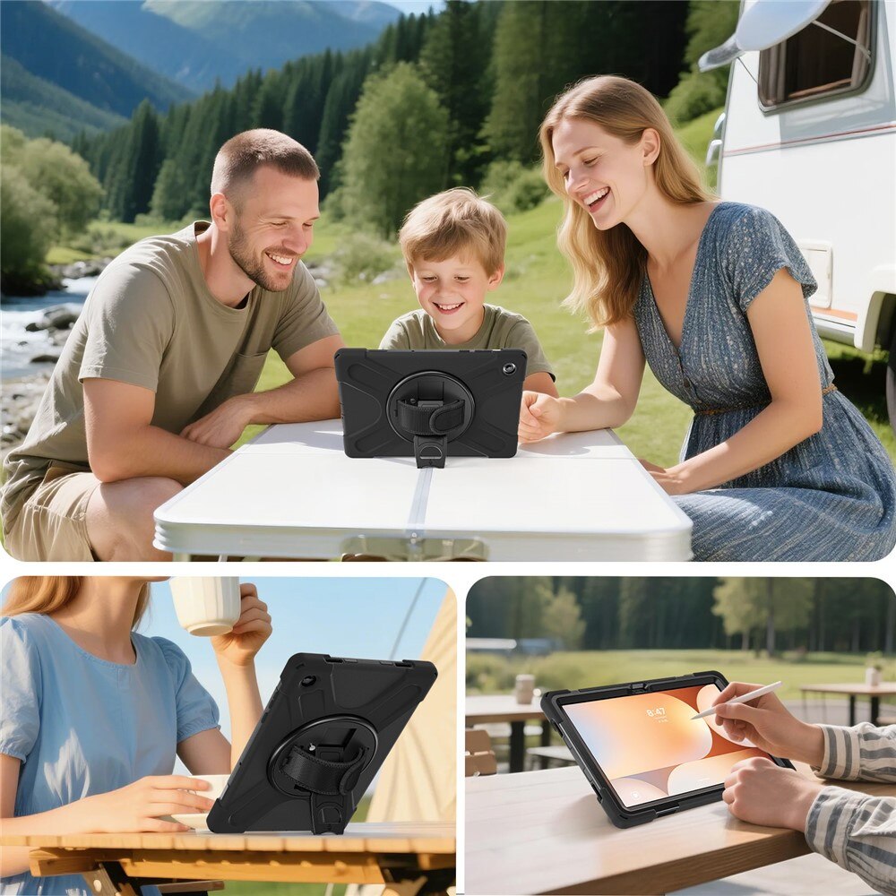 Husa tableta XGSM pentru Samsung Galaxy Tab A11+, pancerna, suport 360°, neagra, cu curea de umar
