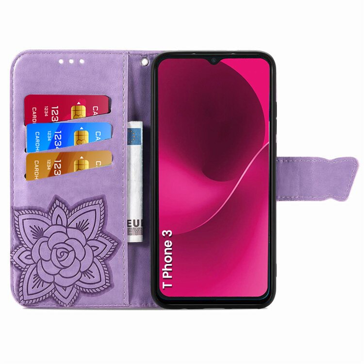 Etui telefon XGSM pentru T Phone 3 5G, Butterfly, fiolet, cu functie stand, din piele sintetica