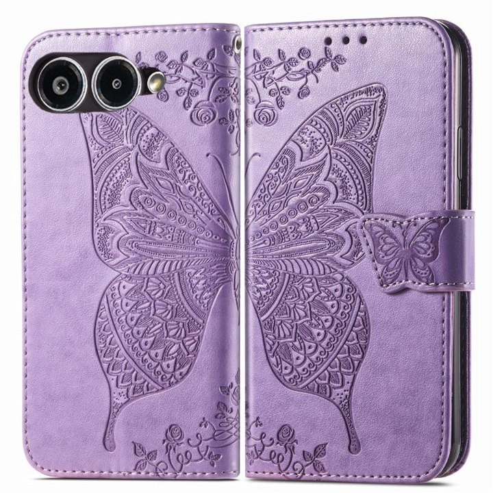 Etui telefon XGSM pentru T Phone 3 5G, Butterfly, fiolet, cu functie stand, din piele sintetica
