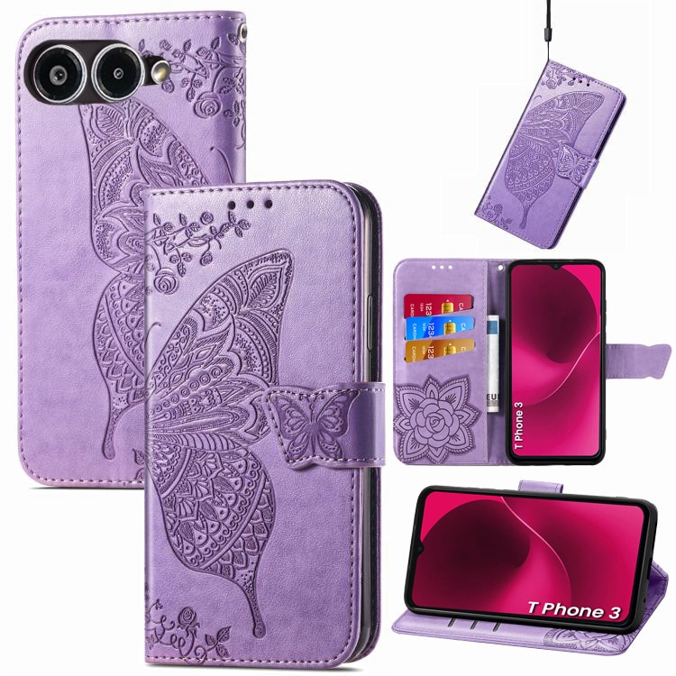 Etui telefon XGSM pentru T Phone 3 5G, Butterfly, fiolet, cu functie stand, din piele sintetica