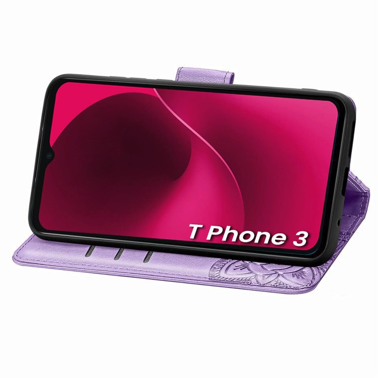 Etui telefon XGSM pentru T Phone 3 5G, Butterfly, fiolet, cu functie stand, din piele sintetica