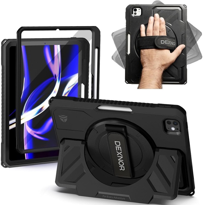 Etui pentru iPad Pro 11 2024 (5 gen.), cu suport pentru Apple Pencil, negru, cu curea rotativa