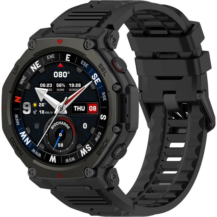 Curea silicon pentru smartwatch Amazfit T-Rex 3 Pro, negru, rezistent la apa, ajustabil 14,0-22,1 cm