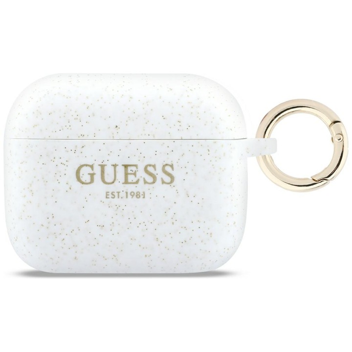 Etui Silicon Glitter Ring Guess, alb, pentru AirPods Pro 3