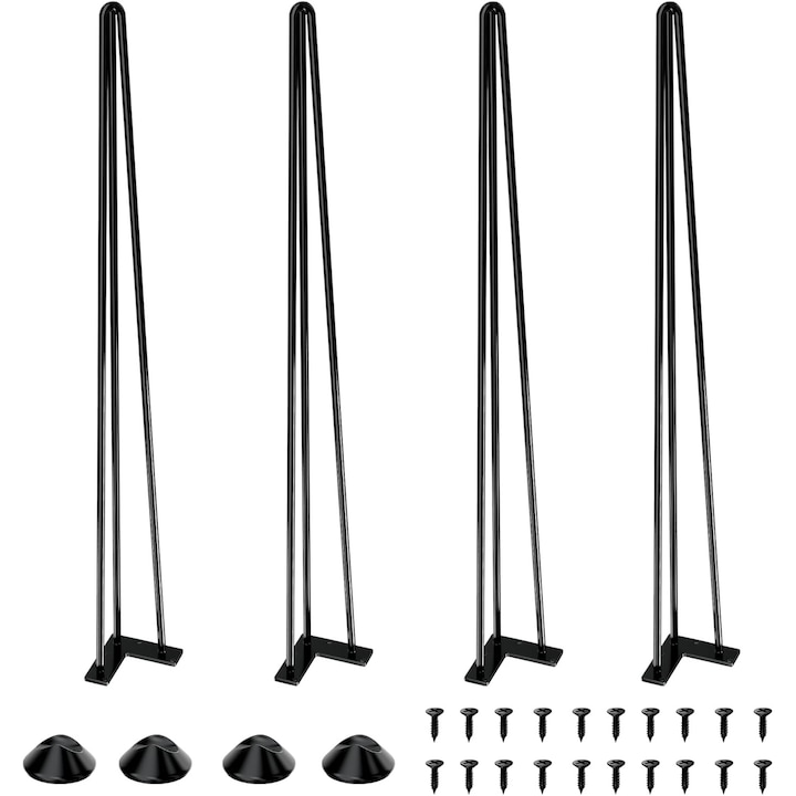 Picioare metalice pentru mese, 86 cm, set de 4, culoare neagra, cu protectii din cauciuc